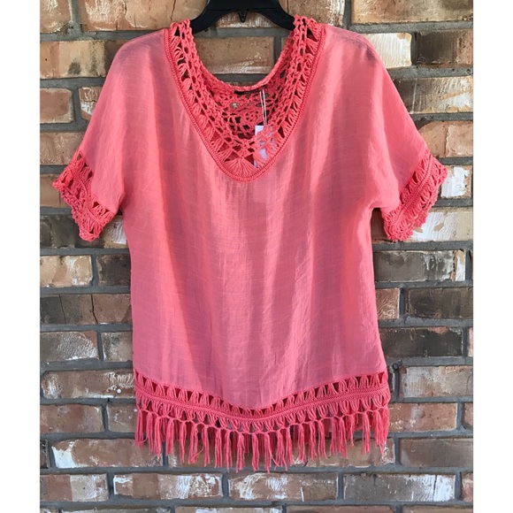GeeGee Tops - GeeGee Fringed Coral Top